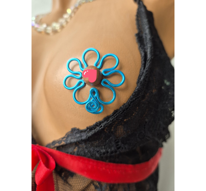 Blue Flower Fake Nipple Rings – Handmade Adjustable Non-Piercing Aluminum Body Jewelry