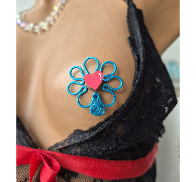 Blue Flower Fake Nipple Rings – Handmade Adjustable Non-Piercing Aluminum Body Jewelry