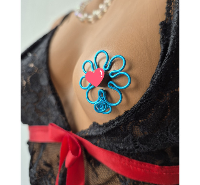 Blue Flower Fake Nipple Rings – Handmade Adjustable Non-Piercing Aluminum Body Jewelry