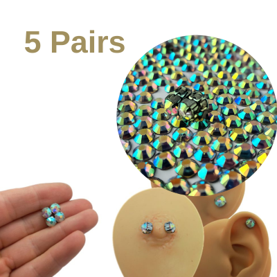 Magnetic Fake Nipple Rings Set of 5 Pairs with Rainbow Crystals – Value Bundle
