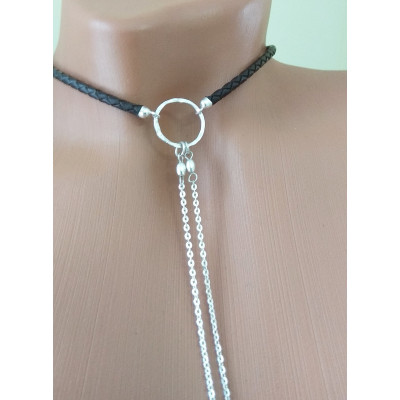 Black leather Choker With handmade sterling silver heart Dangling silver Chains and fake nipple piercing Black leather Choker With handmade sterling silver heart Dangling silver Chains and fake nipple piercing