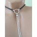 Black leather  Choker With  handmade sterling silver heart Dangling silver Chains and fake nipple piercing