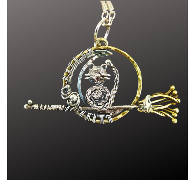 Wire wrapped Cat pendant - Sterling silver and brass