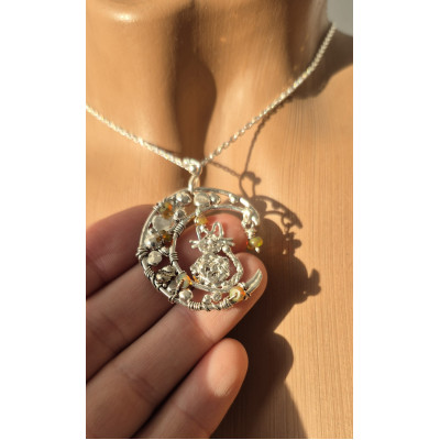 Silver Wire Wrapped Cat on Moon Pendant – Handmade Jewelry Silver Wire Wrapped Cat on Moon Pendant – Handmade Jewelry