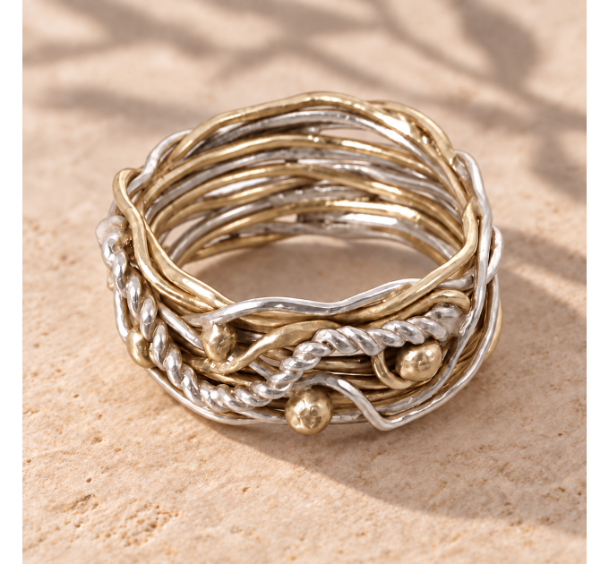 Bramble Ring – Boho Wire Wrap Ring, Wide Handmade Silver and Brass Mixed Metal Band, Size US 12