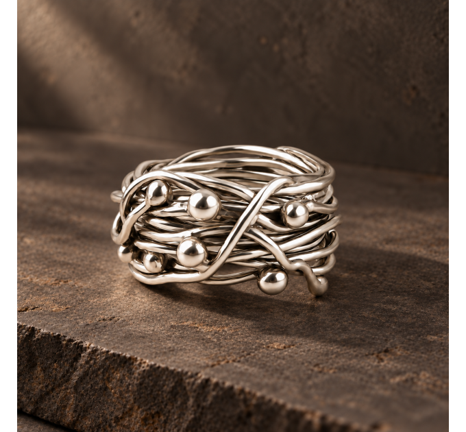 Nest Ring – Boho Wire Wrap Ring, Wide Handmade Silver Freestyle Band
